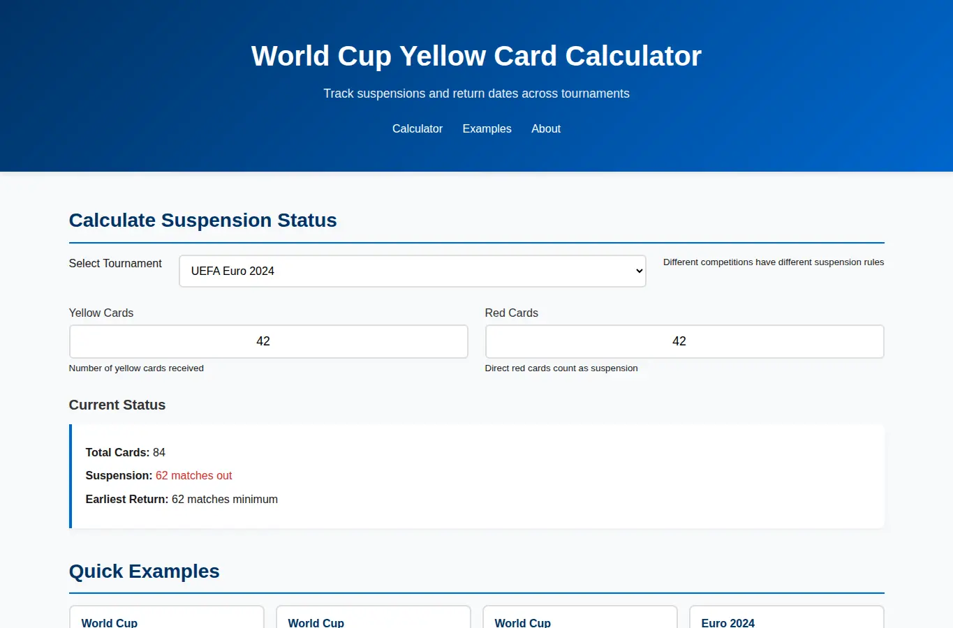 Screenshot of World Cup Yellow Card Calculator interface showing the project page in use